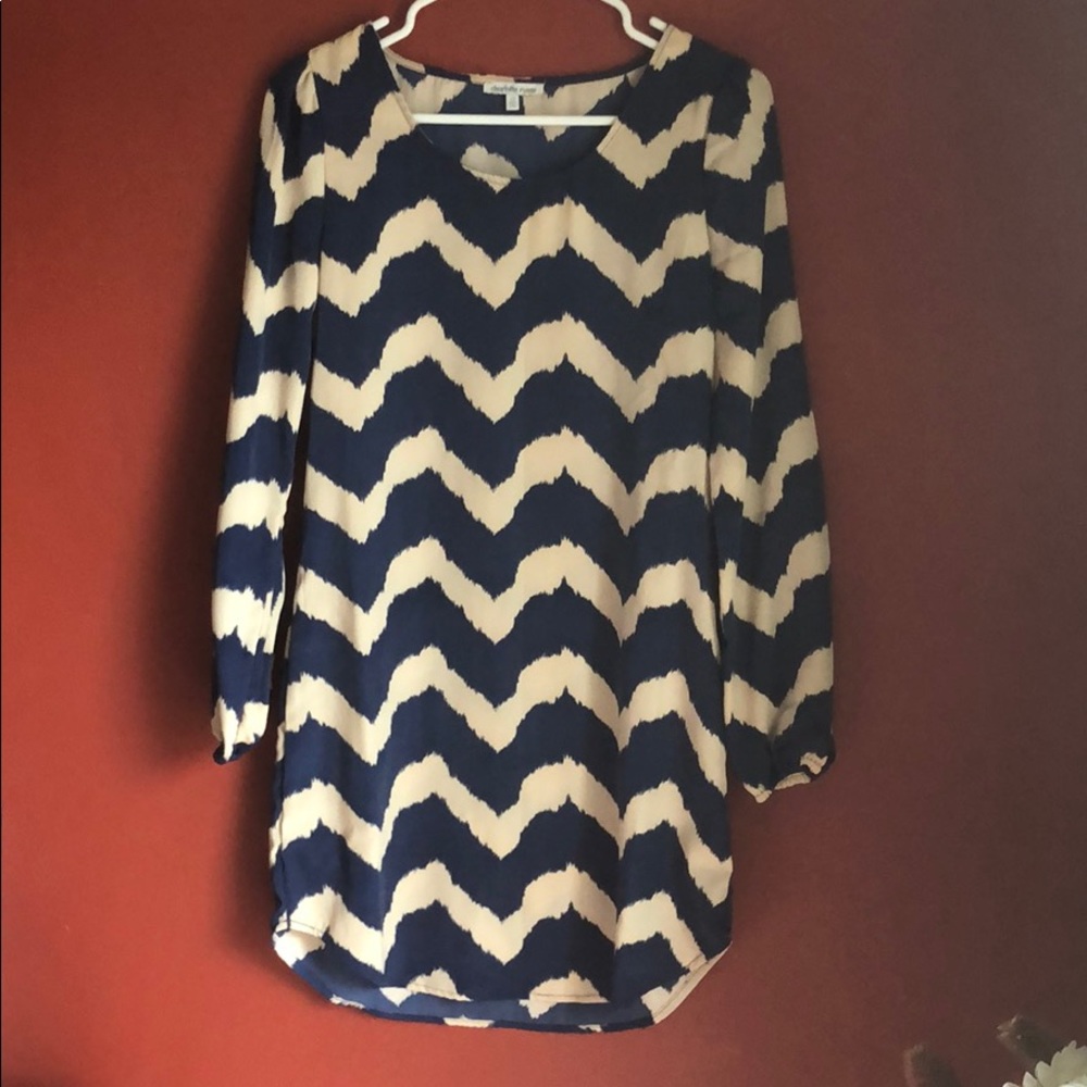 Navy blue and cream chevron dress
